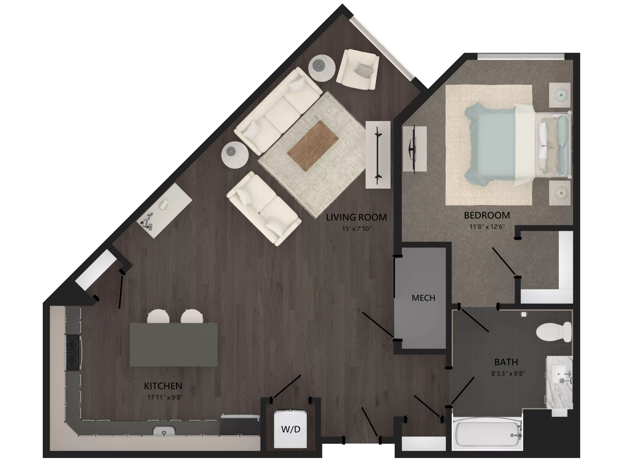 Rendering of the 1 Bed/1 Bath-A18 floor plan with 1 bedroom[s] and 1 bathroom[s] at Carraway
