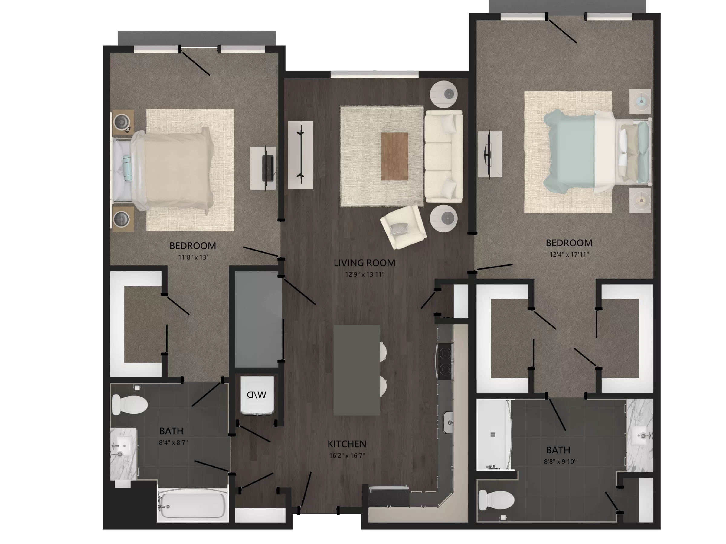 Rendering of the 2 Bed/2 Bath-B19 floor plan with 2 bedroom[s] and 2 bathroom[s] at Carraway