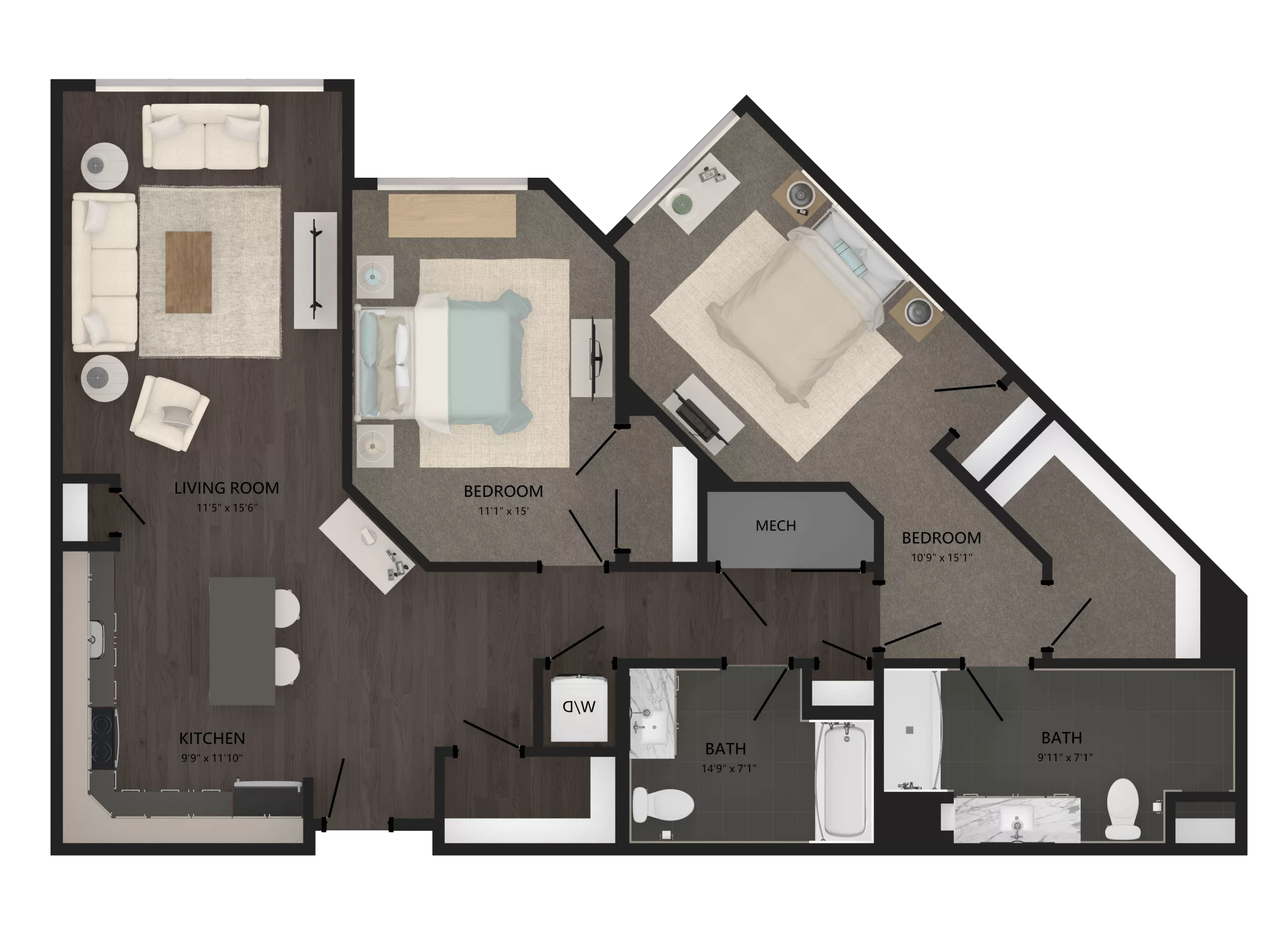 Rendering of the 2 Bed/2 Bath-B18 floor plan with 2 bedroom[s] and 2 bathroom[s] at Carraway