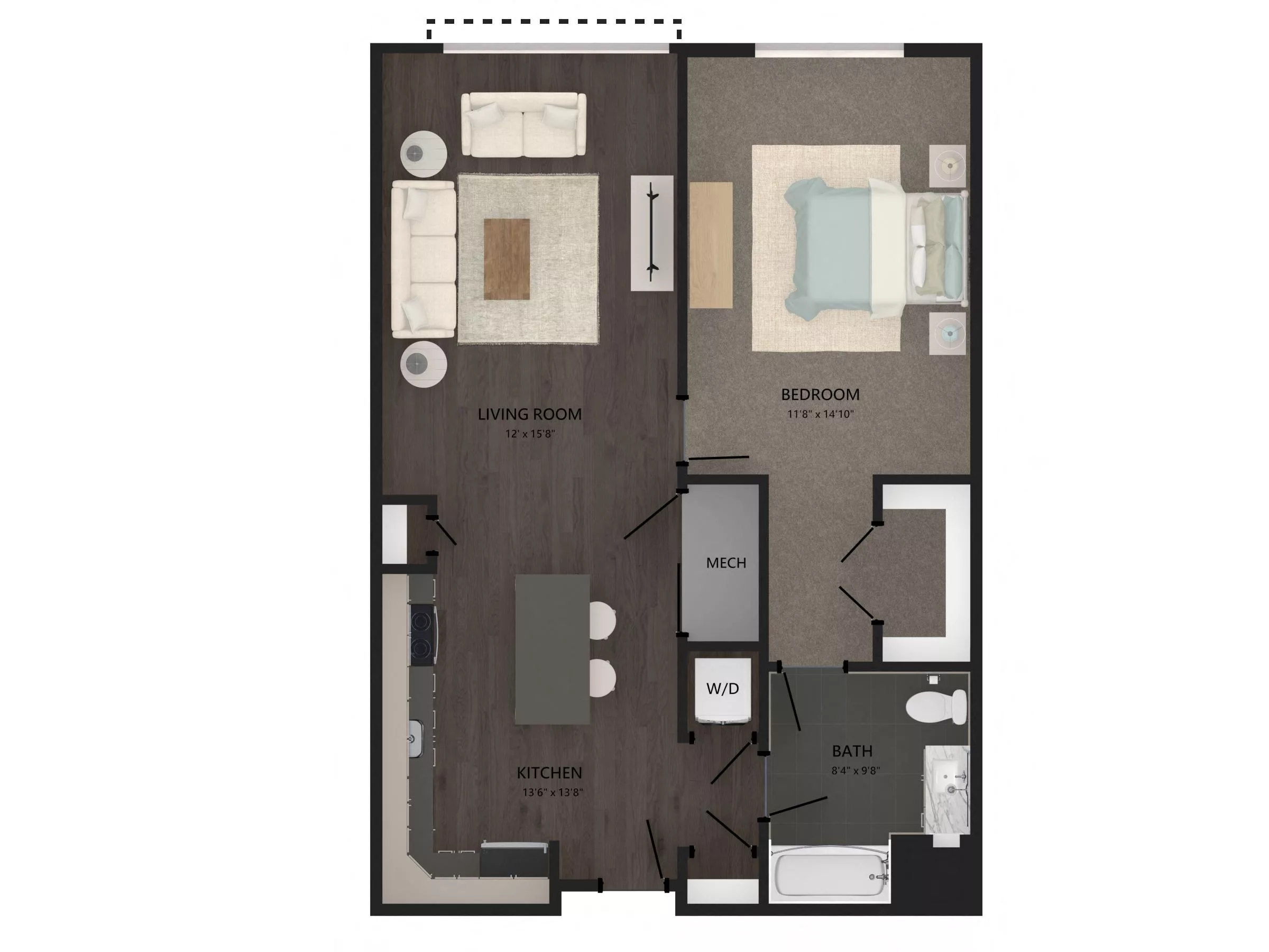 Rendering of the 1 Bed/1 Bath-A9 floor plan with 1 bedroom[s] and 1 bathroom[s] at Carraway
