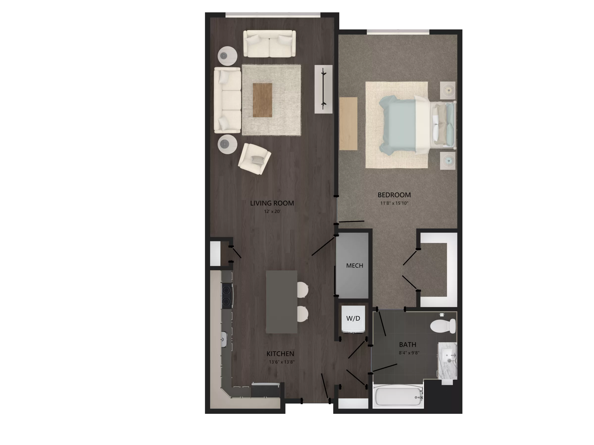 Rendering of the 1 Bed/1 Bath-A29 floor plan with 1 bedroom[s] and 1 bathroom[s] at Carraway