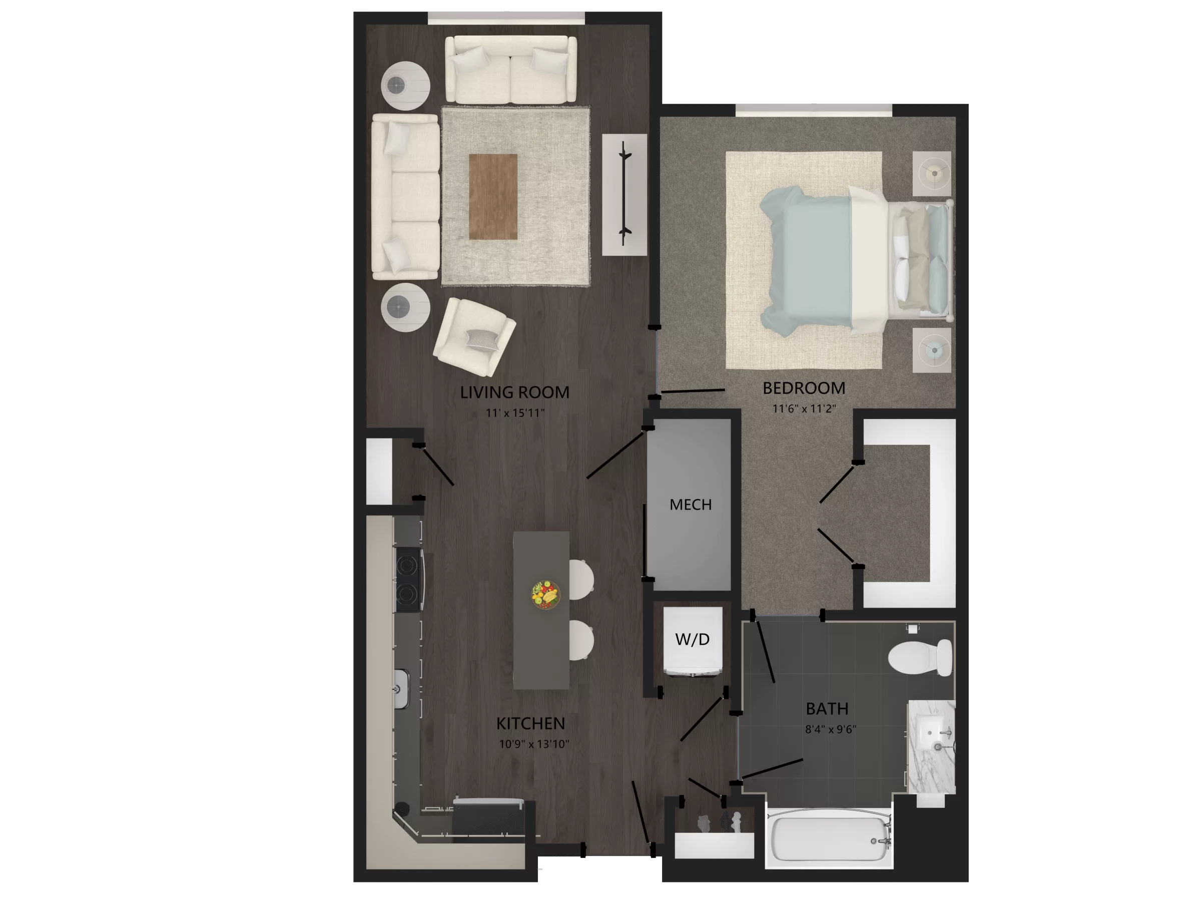 Rendering of the 1 Bed/1 Bath-A16 floor plan with 1 bedroom[s] and 1 bathroom[s] at Carraway