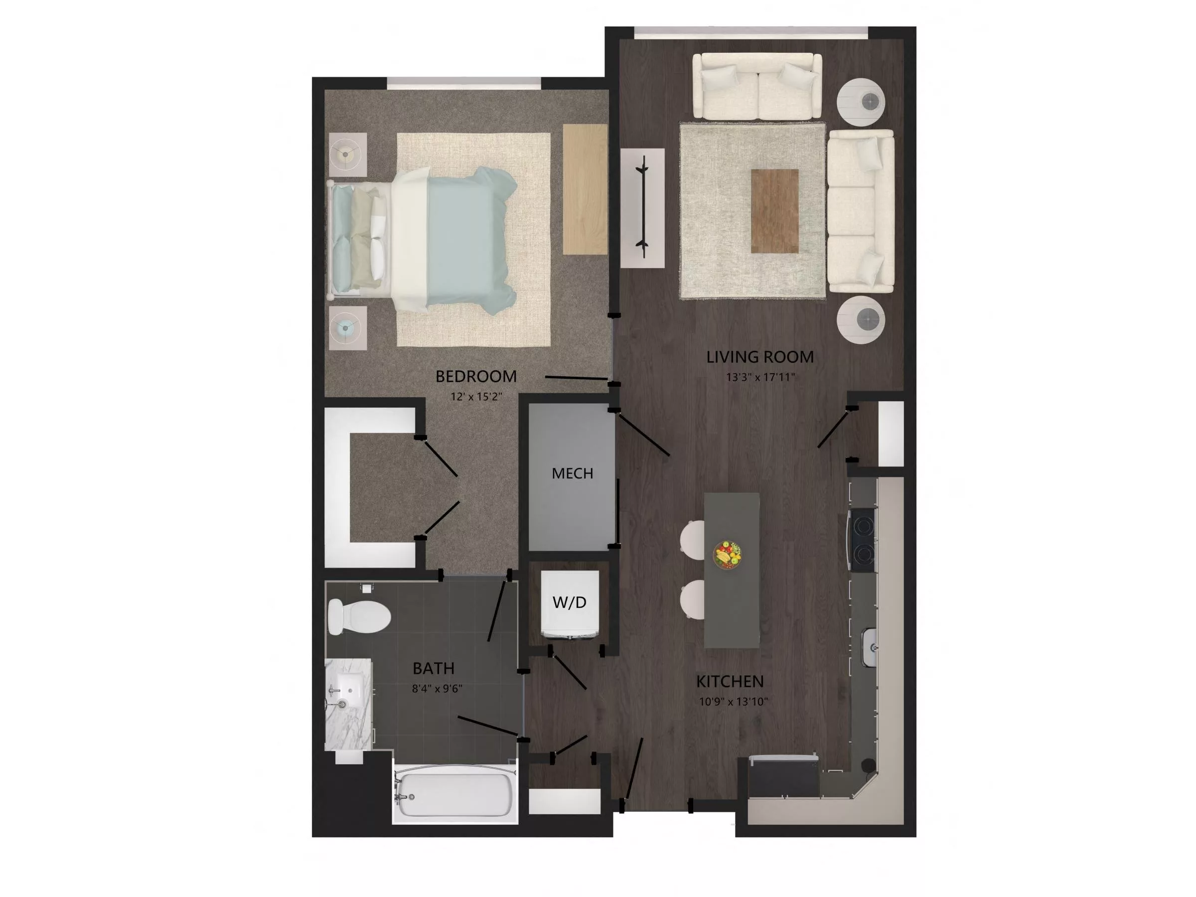 Rendering of the 1 Bed/1 Bath-A13 floor plan with 1 bedroom[s] and 1 bathroom[s] at Carraway