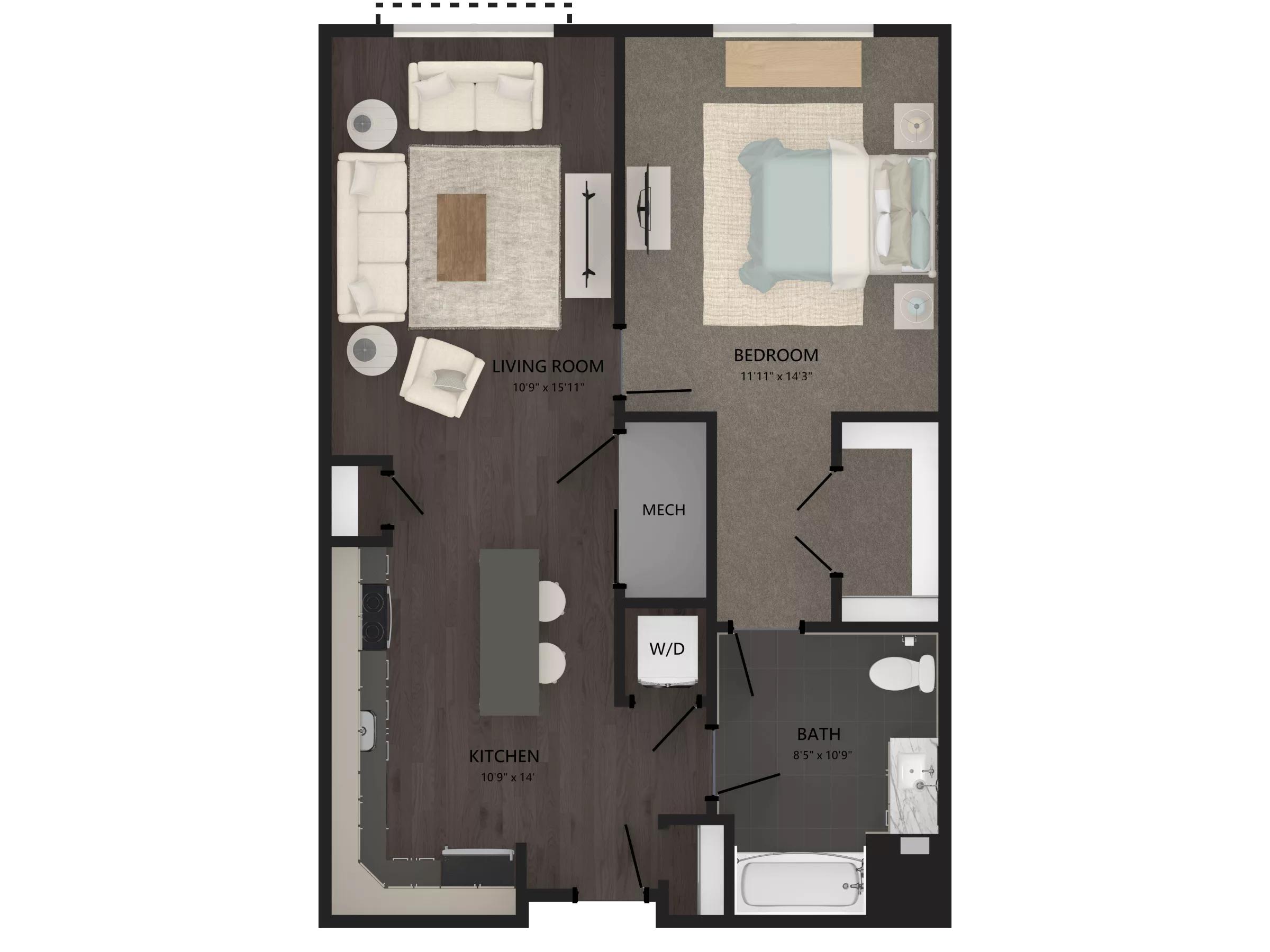 Rendering of the 1 Bed/1 Bath-A7 floor plan with 1 bedroom[s] and 1 bathroom[s] at Carraway