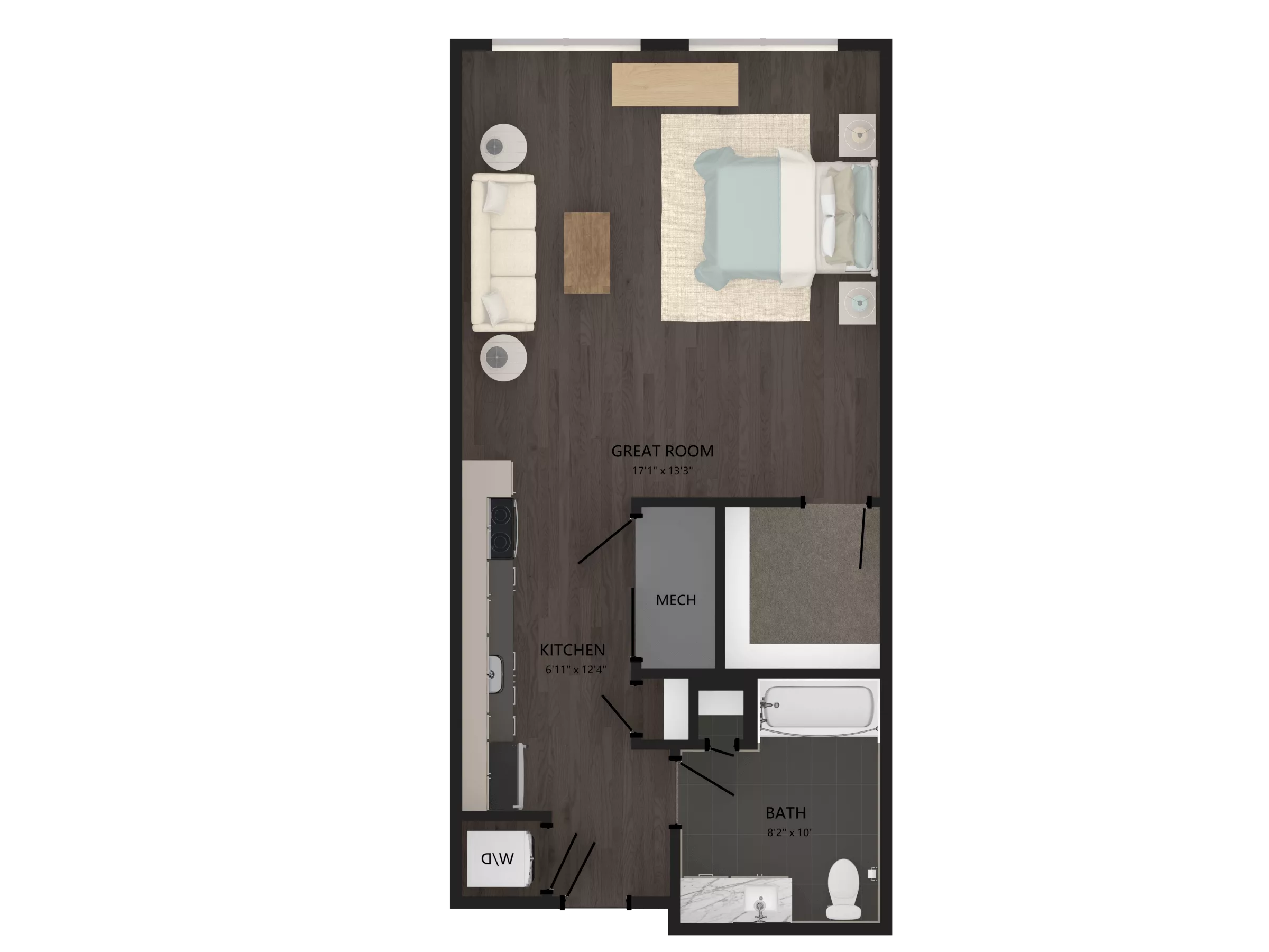 Rendering of the Studio-S8 floor plan with a Studio bedroom and 1 bathroom[s] at Carraway