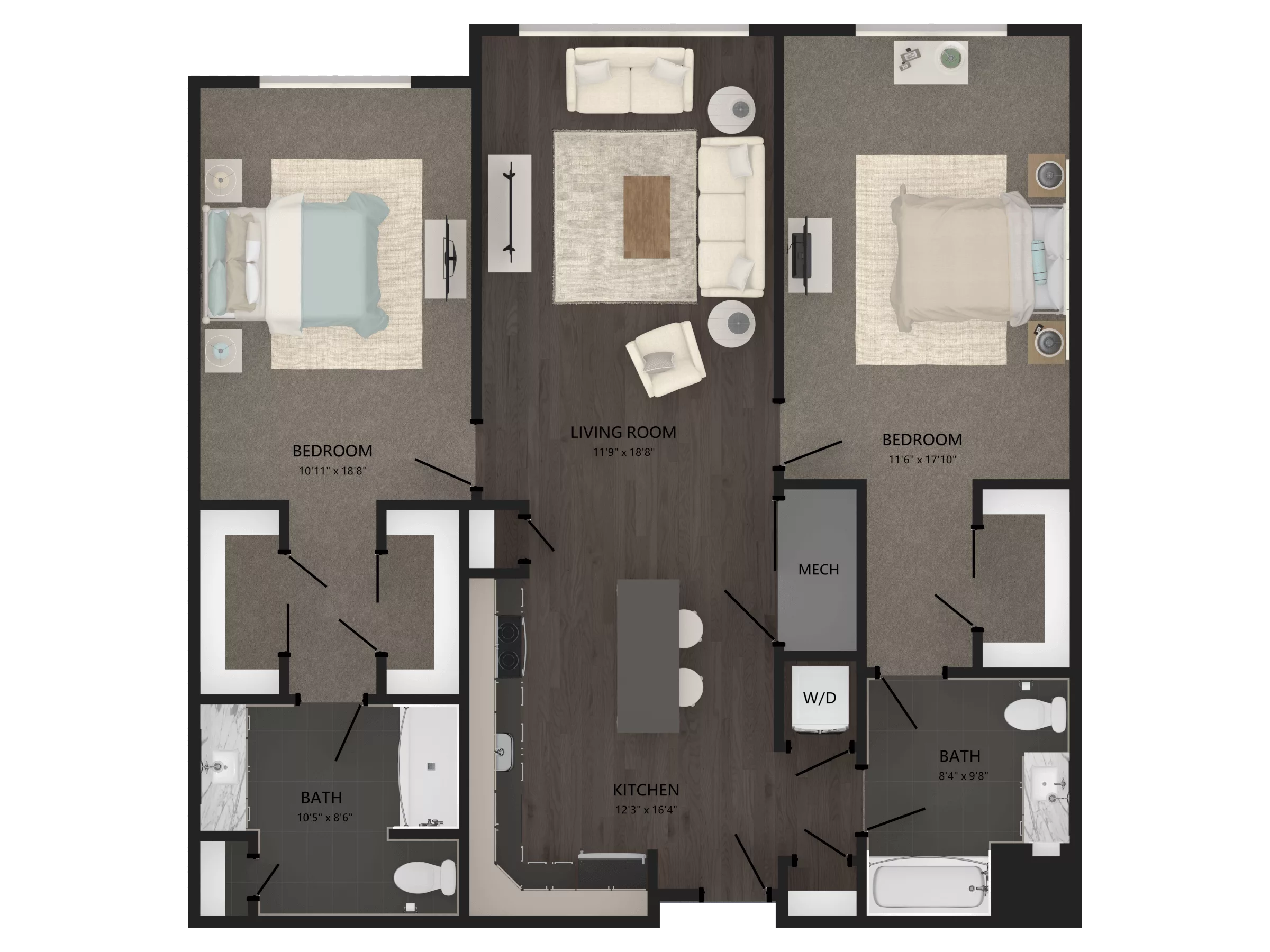 Rendering of the 2 Bed/2 Bath-B23 floor plan with 2 bedroom[s] and 2 bathroom[s] at Carraway