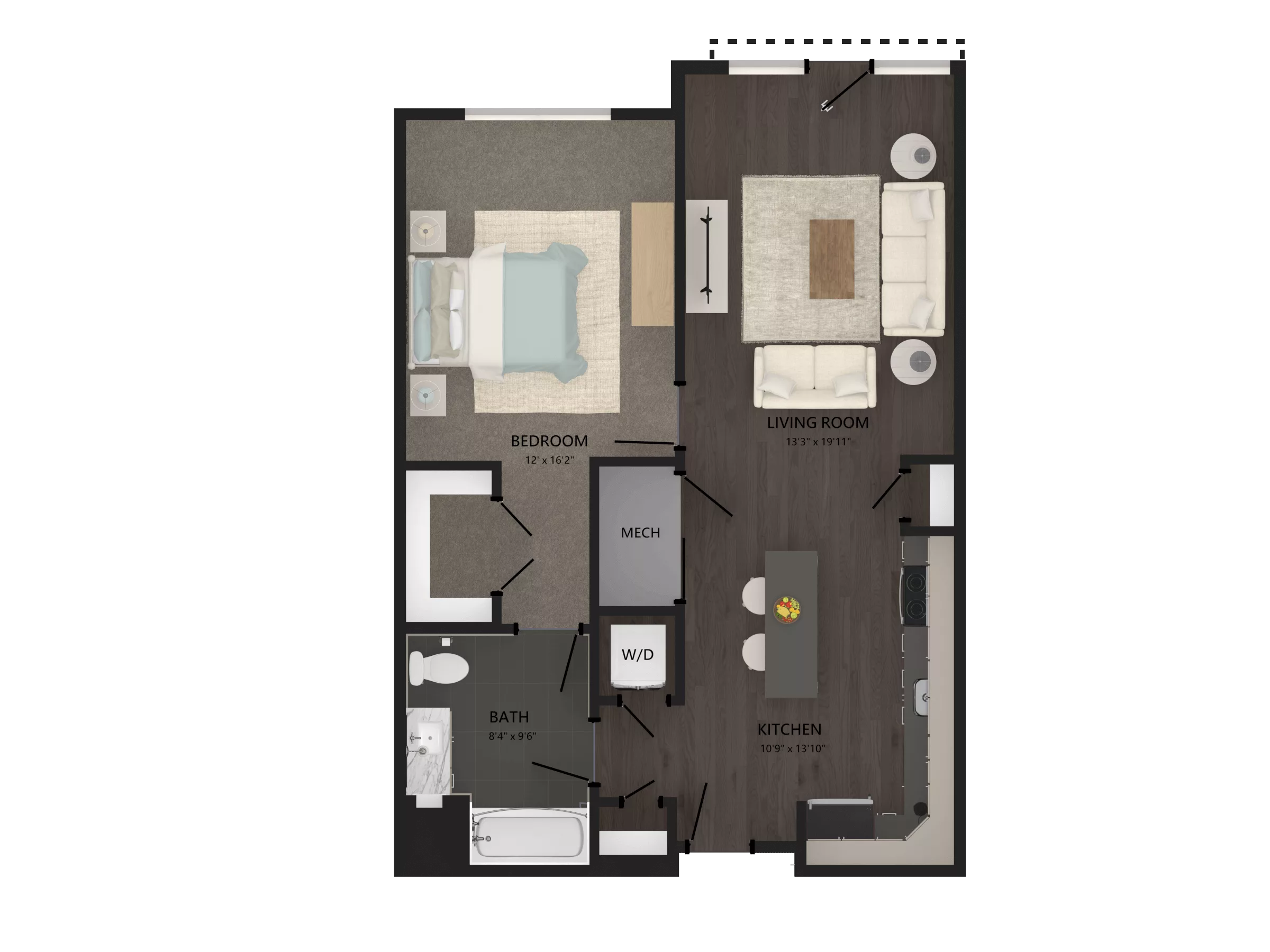 Rendering of the 1 Bed/1 Bath-A20 floor plan with 1 bedroom[s] and 1 bathroom[s] at Carraway