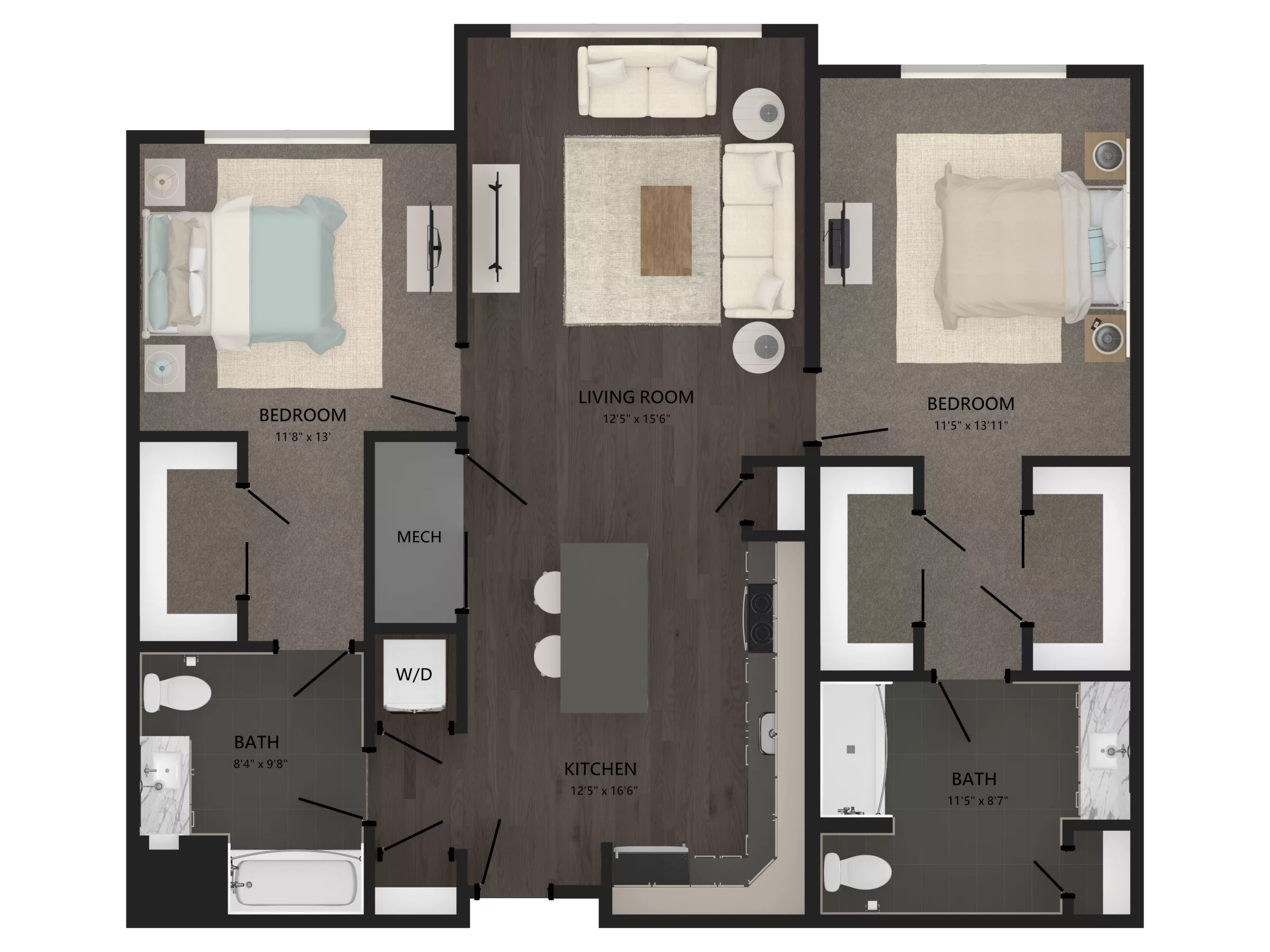 Rendering of the 2 Bed/2 Bath-B16 floor plan with 2 bedroom[s] and 2 bathroom[s] at Carraway