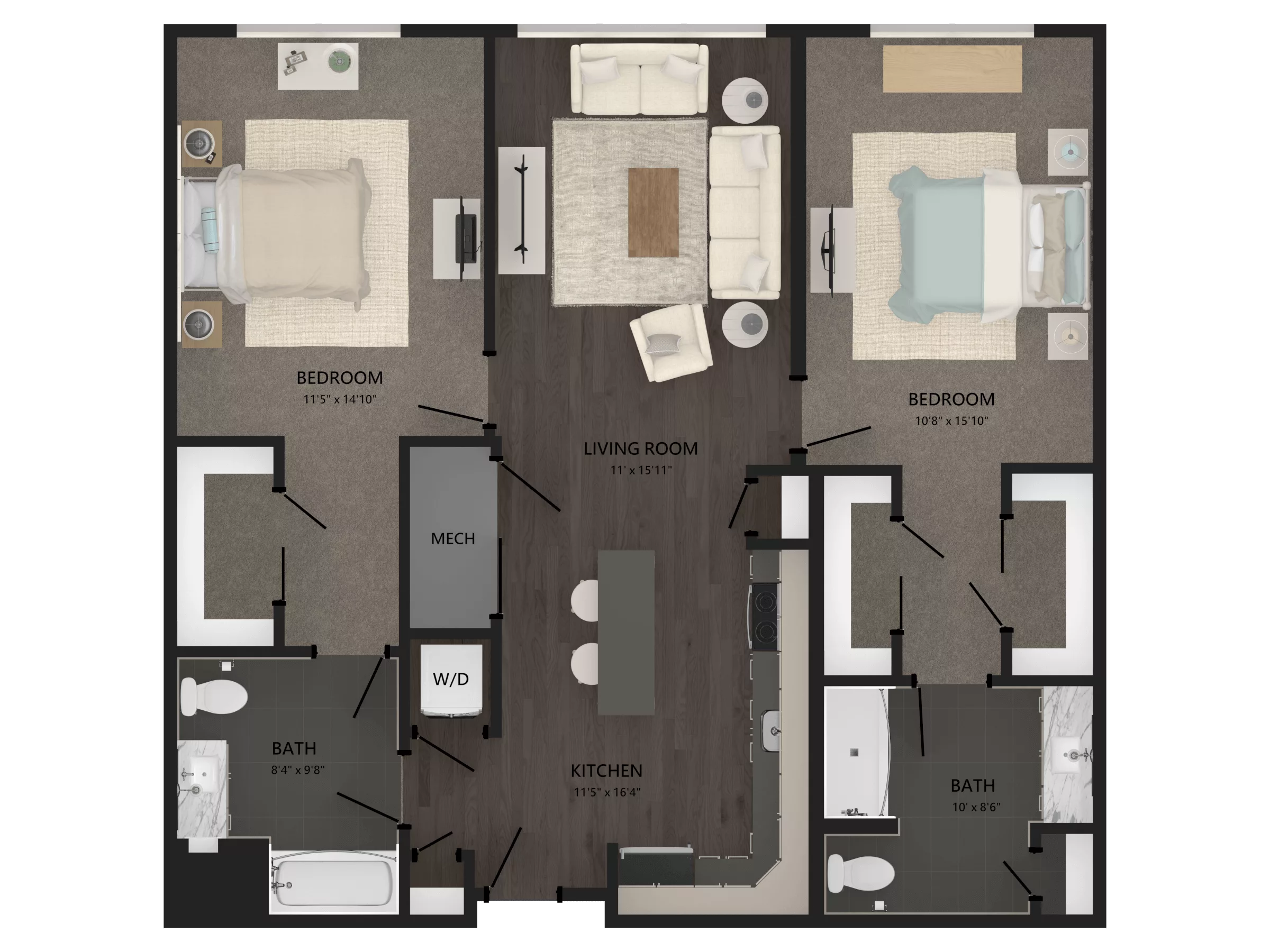 Rendering of the 2 Bed/2 Bath-B28 floor plan with 2 bedroom[s] and 2 bathroom[s] at Carraway