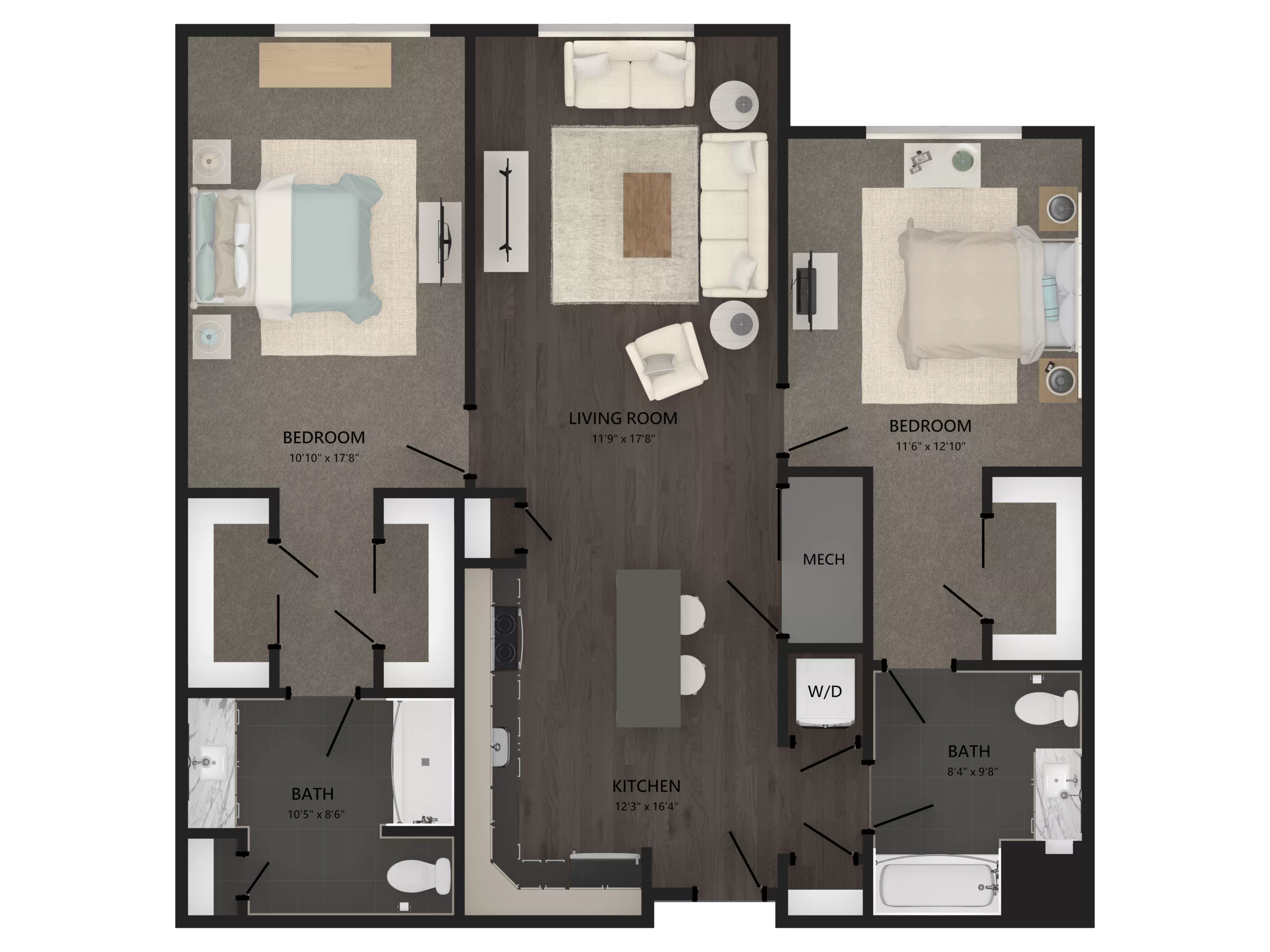 Rendering of the 2 Bed/2 Bath-B14 floor plan with 2 bedroom[s] and 2 bathroom[s] at Carraway