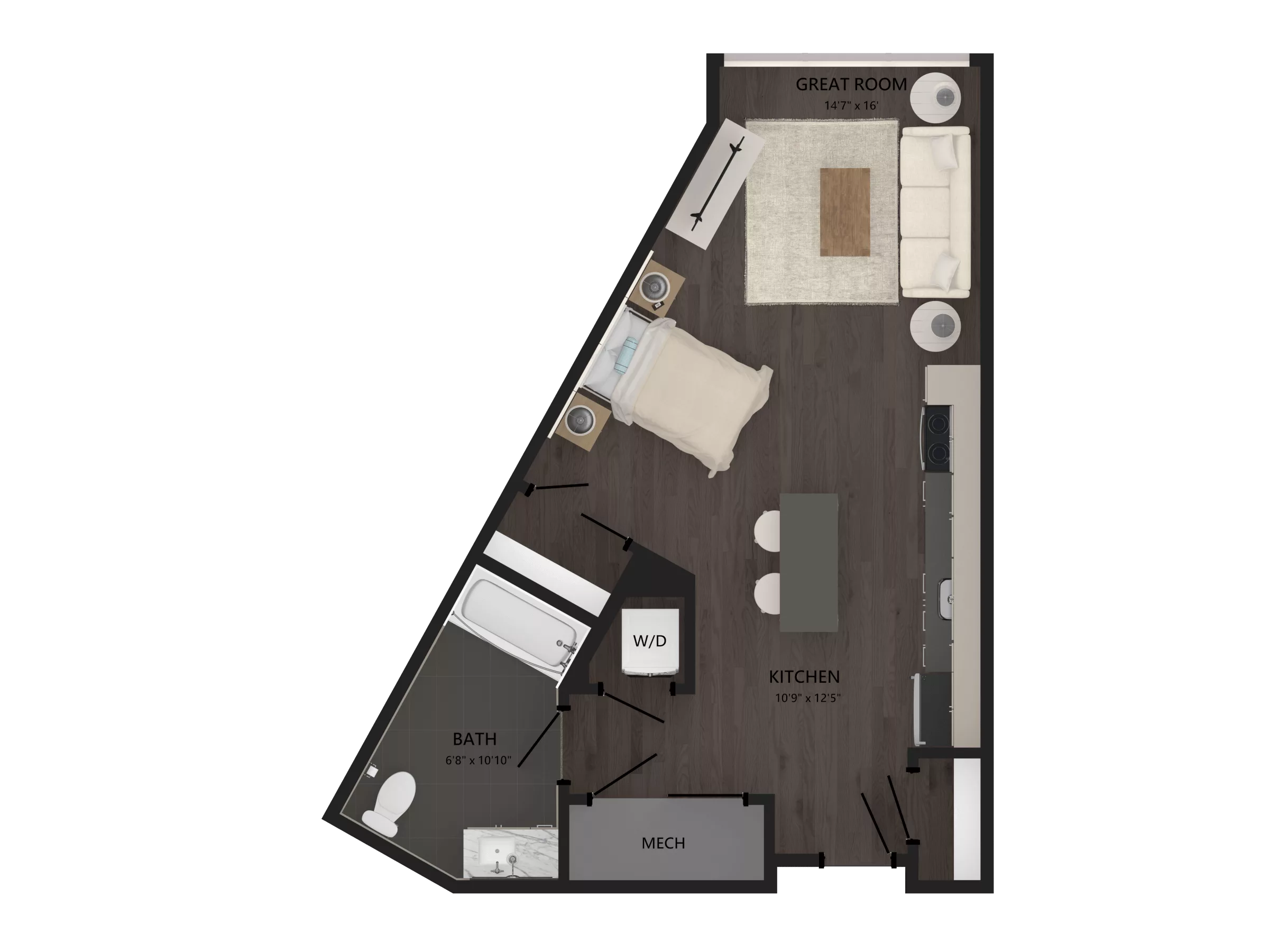 Rendering of the Studio-S1 floor plan with a Studio bedroom and 1 bathroom[s] at Carraway