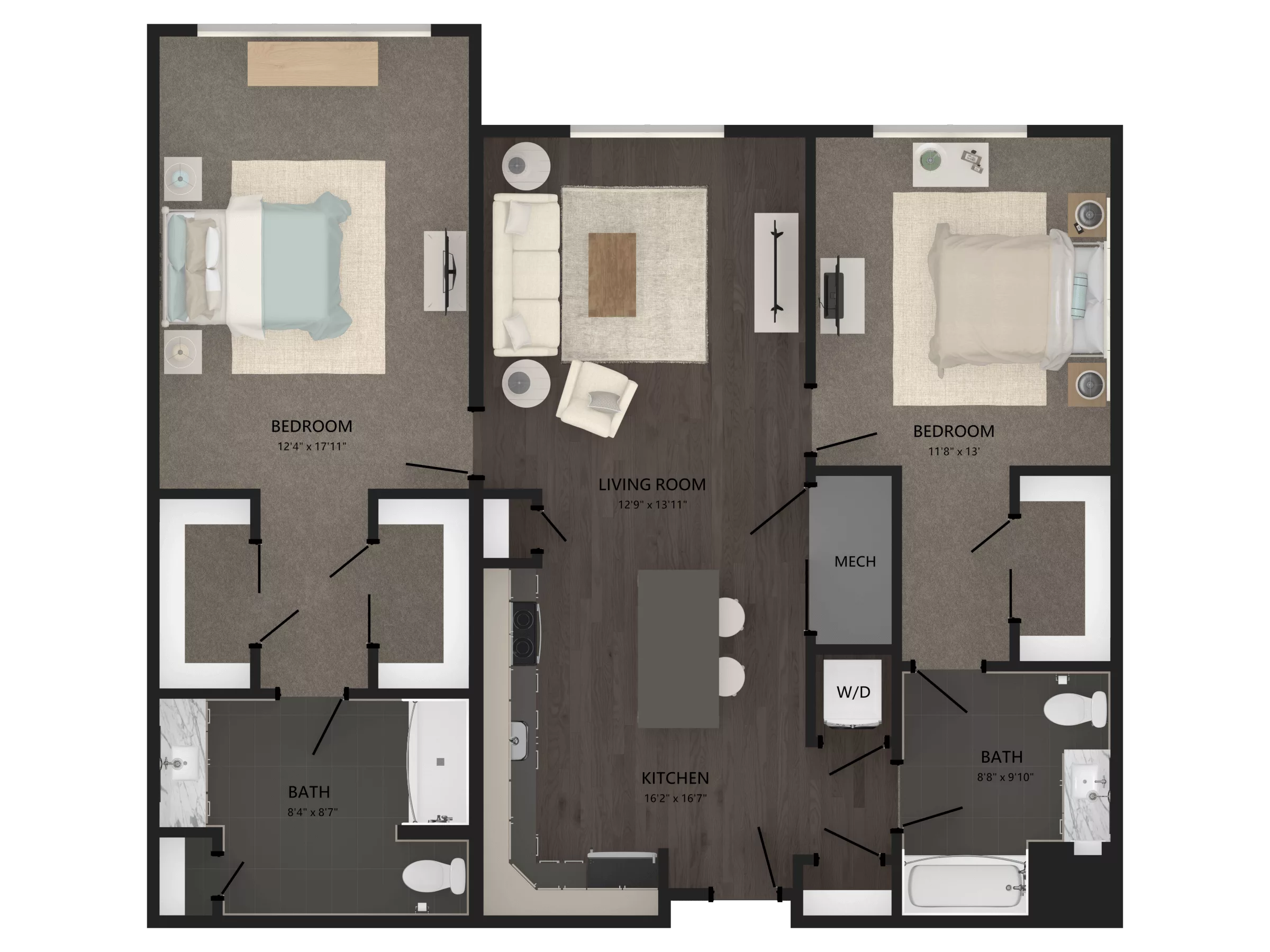 Rendering of the 2 Bed/2 Bath-B13 floor plan with 2 bedroom[s] and 2 bathroom[s] at Carraway