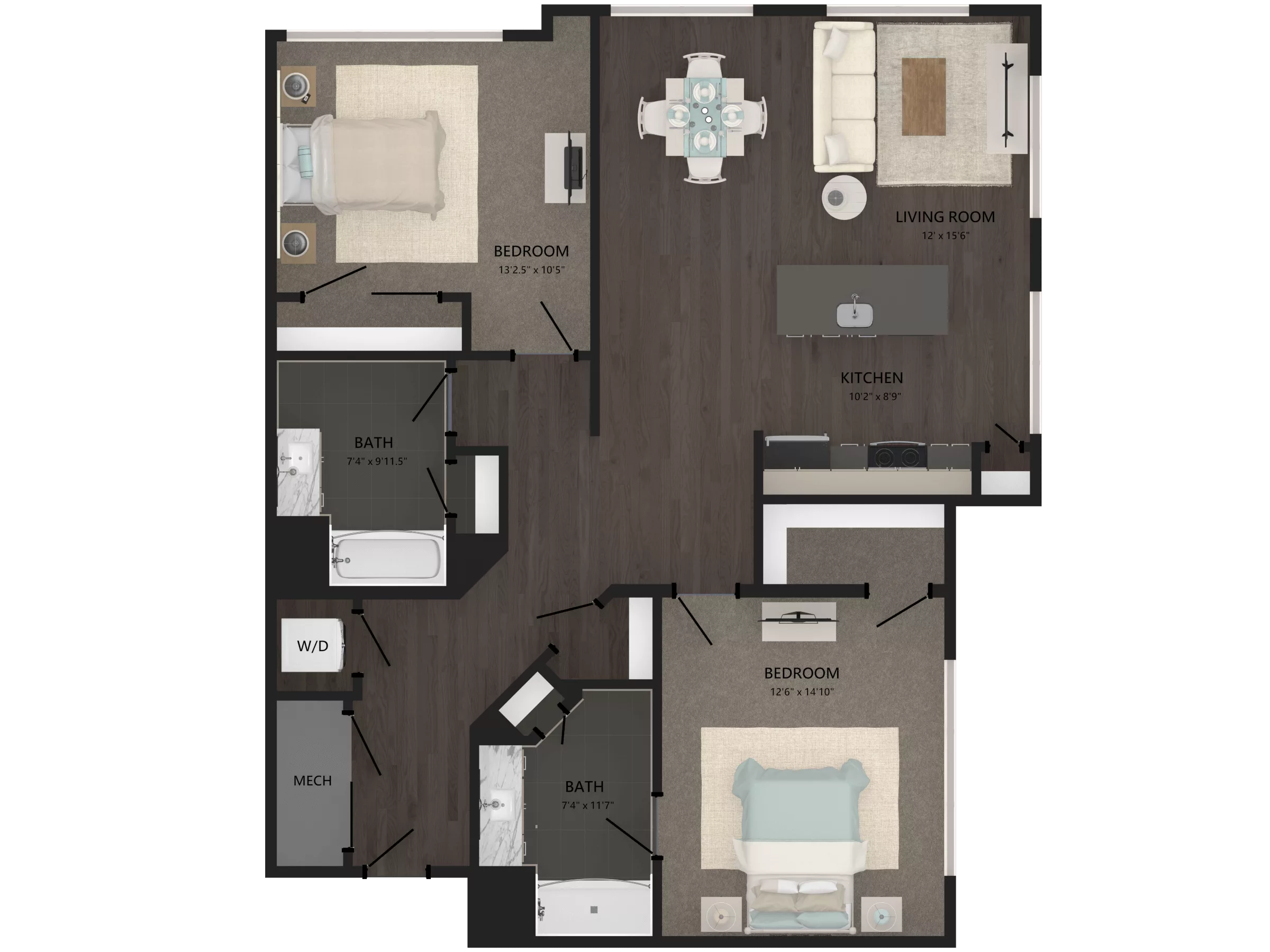 Rendering of the 2 Bed/2 Bath-B7 floor plan with 2 bedroom[s] and 2 bathroom[s] at Carraway