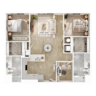 Rendering of the B1D floor plan with 2 bedroom[s] and 2 bathroom[s] at Atwood