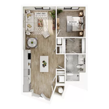 Rendering of the A7 floor plan with 1 bedroom[s] and 1 bathroom[s] at Atwood