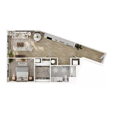 Rendering of the A4 floor plan with 1 bedroom[s] and 1 bathroom[s] at Atwood