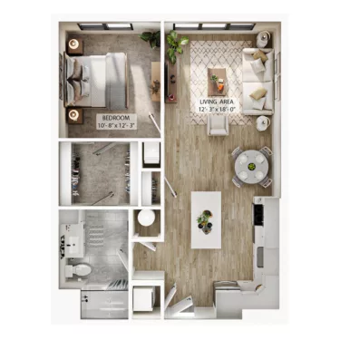 Rendering of the A6 floor plan with 1 bedroom[s] and 1 bathroom[s] at Atwood