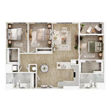 Rendering of the C6 floor plan with 3 bedroom[s] and 2 bathroom[s] at Atwood