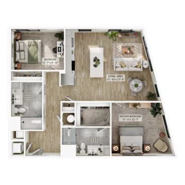 Rendering of the B6 floor plan with 2 bedroom[s] and 2 bathroom[s] at Atwood