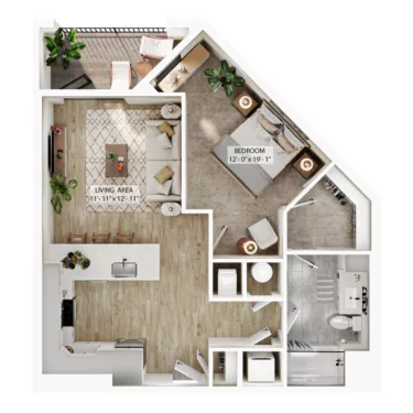 Rendering of the A5 floor plan with 1 bedroom[s] and 1 bathroom[s] at Atwood
