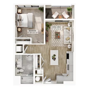 Rendering of the A3 floor plan with 1 bedroom[s] and 1 bathroom[s] at Atwood