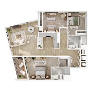 Rendering of the C4 floor plan with 3 bedroom[s] and 2 bathroom[s] at Atwood