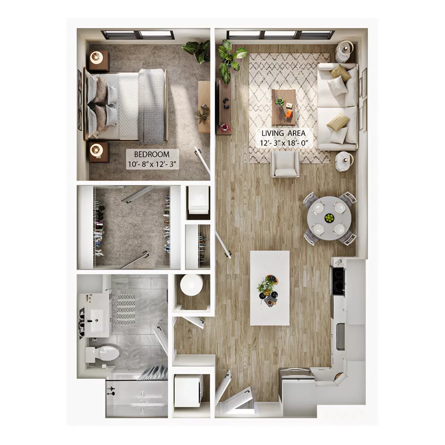 Rendering of the A6 floor plan with 1 bedroom[s] and 1 bathroom[s] at Atwood