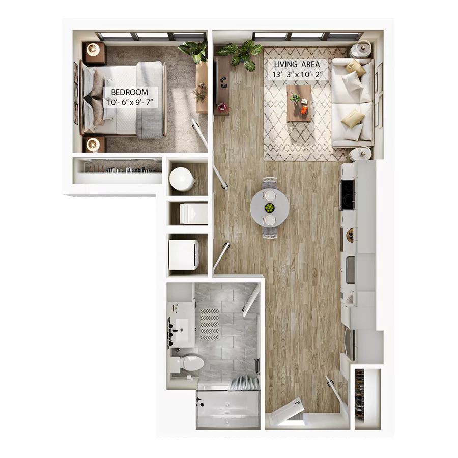 Rendering of the A1 floor plan with 1 bedroom[s] and 1 bathroom[s] at Atwood