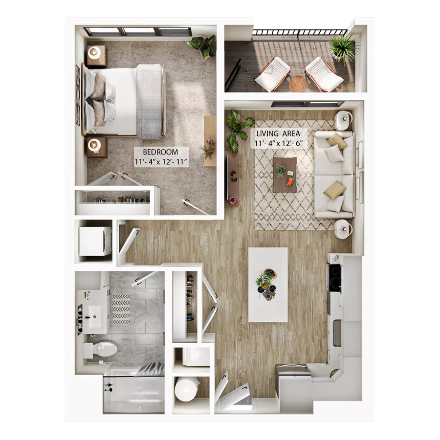 Rendering of the A3 floor plan with 1 bedroom[s] and 1 bathroom[s] at Atwood