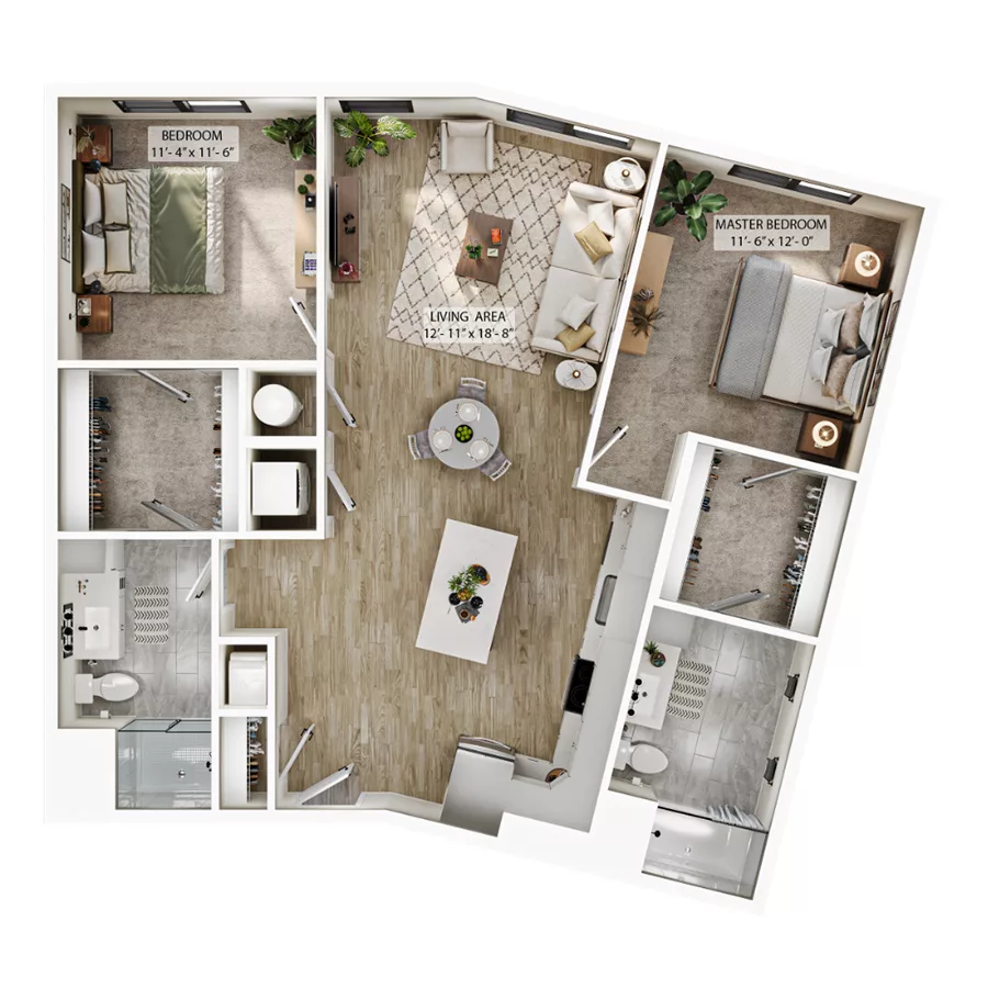 Rendering of the B4 floor plan with 2 bedroom[s] and 2 bathroom[s] at Atwood