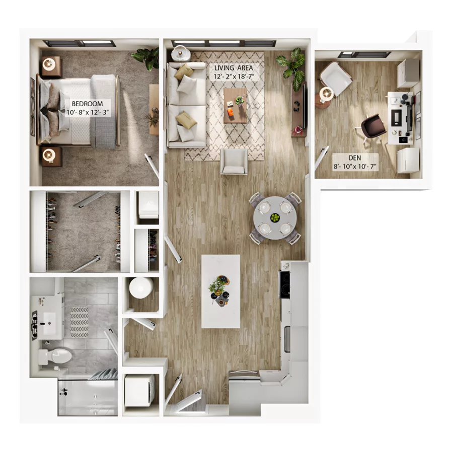 Rendering of the A1D floor plan with 1 bedroom[s] and 1 bathroom[s] at Atwood