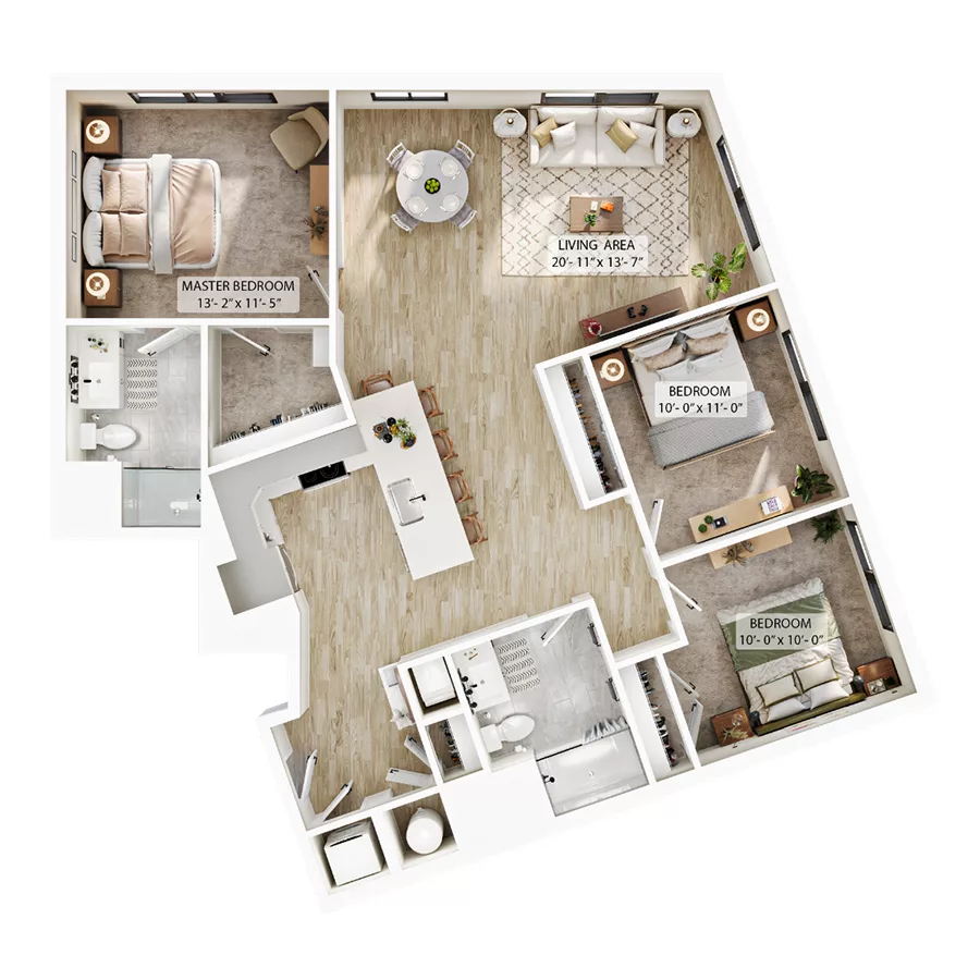 Rendering of the C3 floor plan with 3 bedroom[s] and 2 bathroom[s] at Atwood