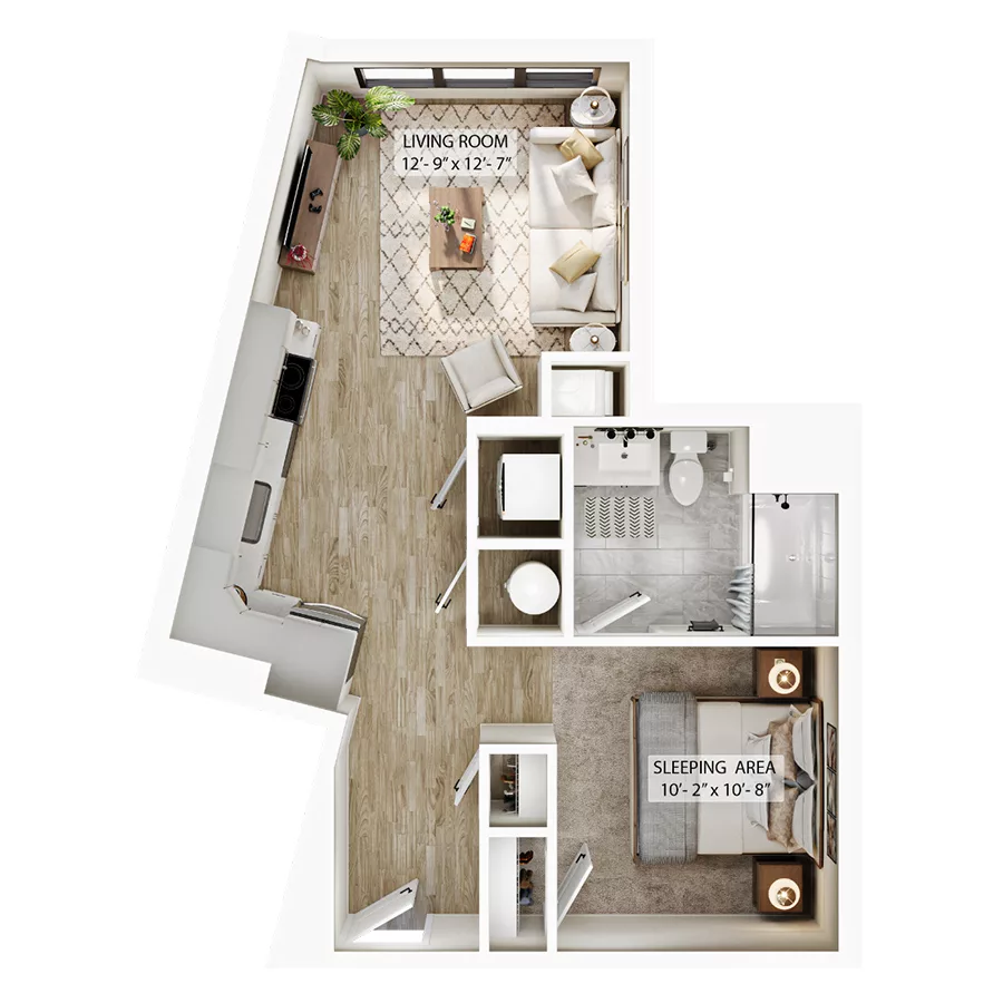 Rendering of the S2 floor plan with a Studio bedroom and 1 bathroom[s] at Atwood
