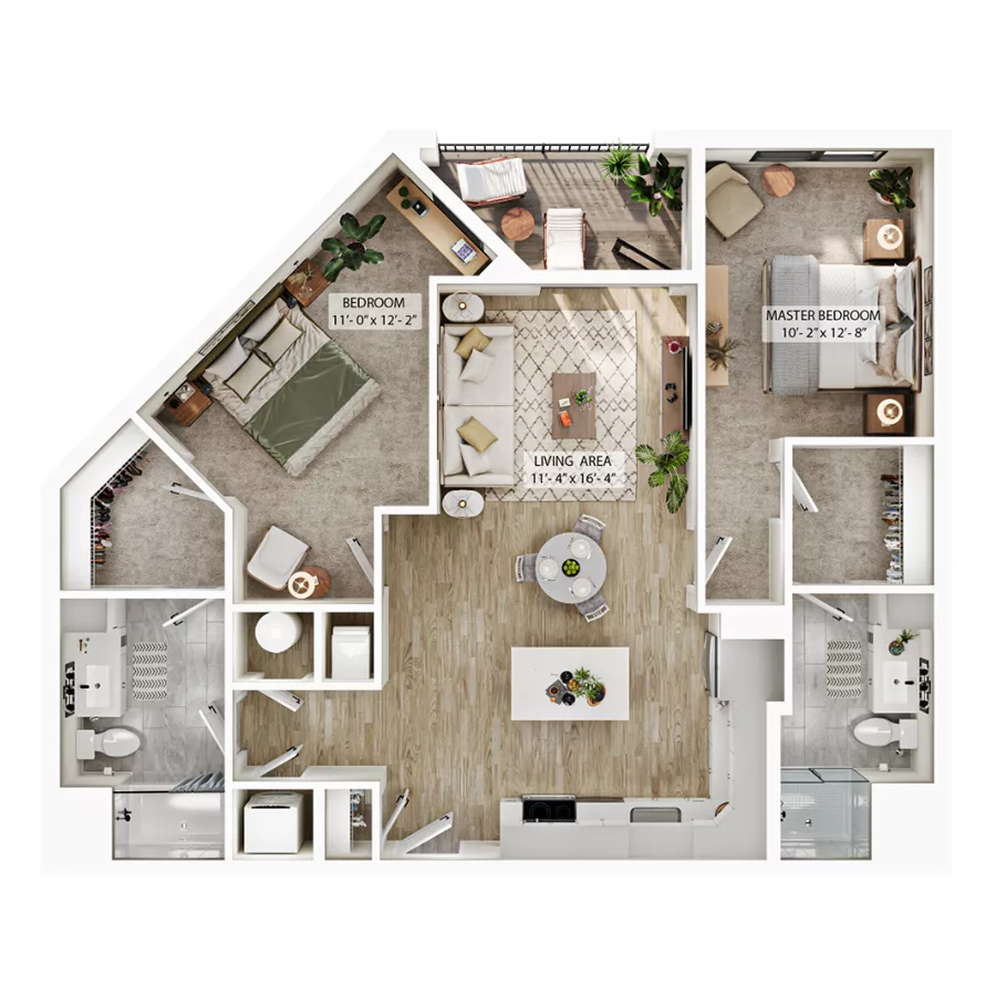 Rendering of the B3 floor plan with 2 bedroom[s] and 2 bathroom[s] at Atwood