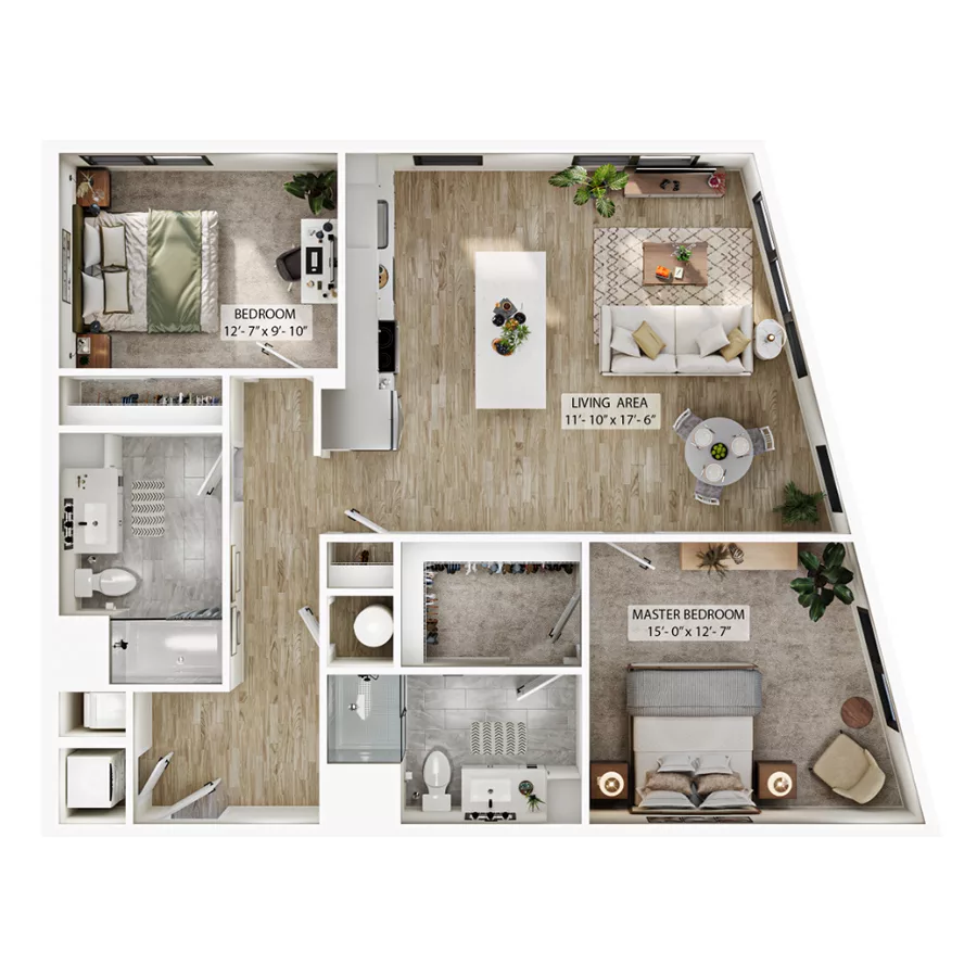 Rendering of the B6 floor plan with 2 bedroom[s] and 2 bathroom[s] at Atwood