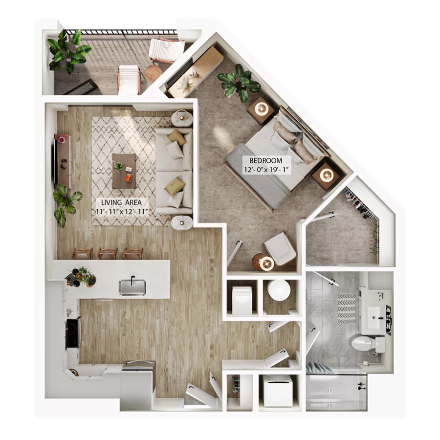 Rendering of the A5 floor plan with 1 bedroom[s] and 1 bathroom[s] at Atwood
