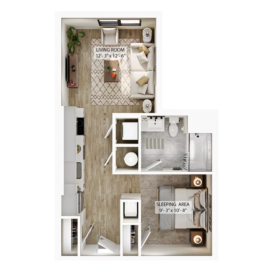 Rendering of the S1 floor plan with a Studio bedroom and 1 bathroom[s] at Atwood