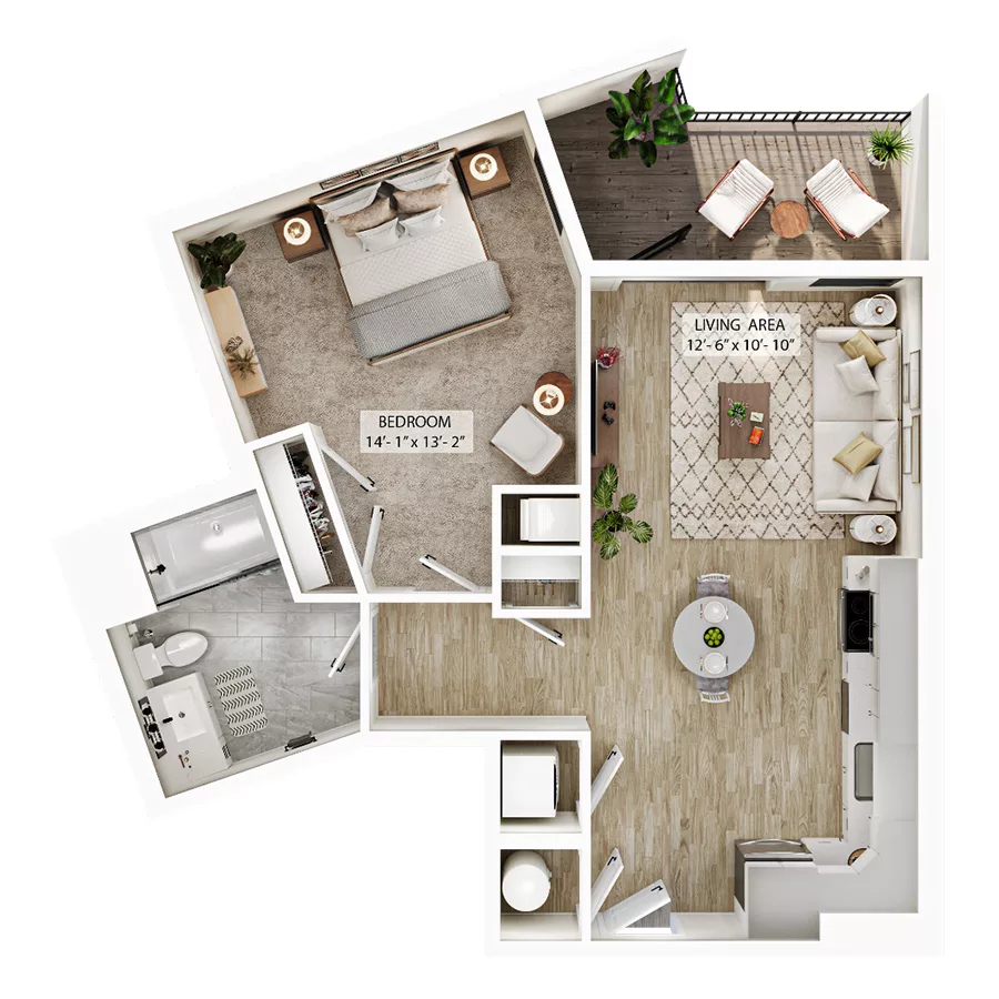 Rendering of the A2 floor plan with 1 bedroom[s] and 1 bathroom[s] at Atwood