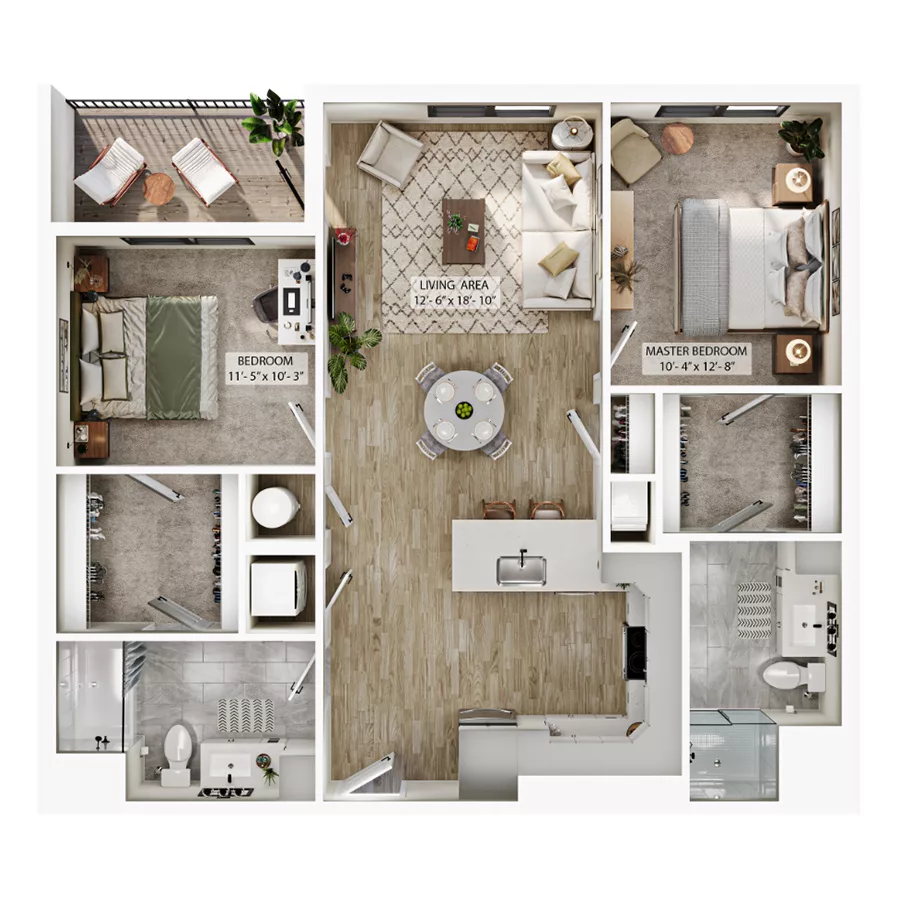 Rendering of the B1 floor plan with 2 bedroom[s] and 2 bathroom[s] at Atwood