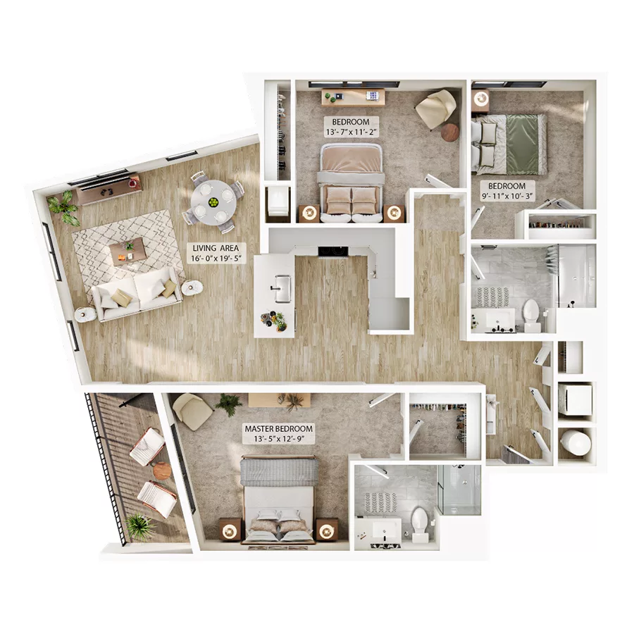 Rendering of the C4 floor plan with 3 bedroom[s] and 2 bathroom[s] at Atwood