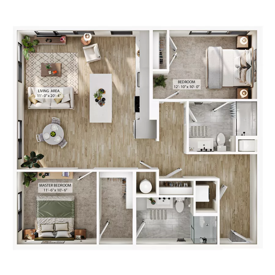 Rendering of the B5 floor plan with 2 bedroom[s] and 2 bathroom[s] at Atwood