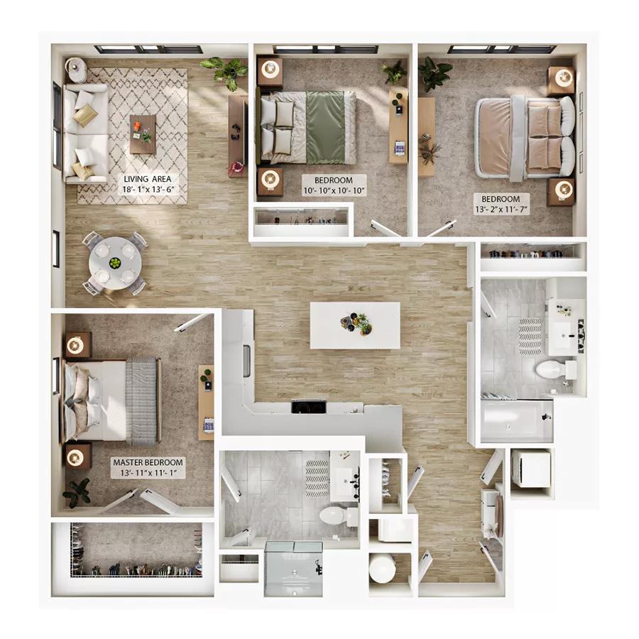 Rendering of the C5 floor plan with 3 bedroom[s] and 2 bathroom[s] at Atwood