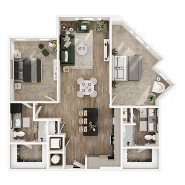 Rendering of the B8 floor plan with 2 bedroom[s] and 2 bathroom[s] at Mirra
