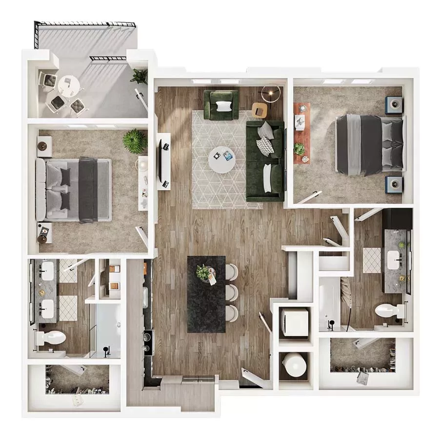 Two-bedroom apartment with balcony, open-concept kitchen, and two bathrooms.