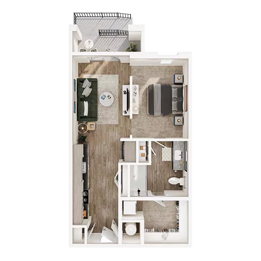 Studio unit with balcony, open living space, and spacious bathroom.