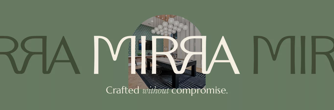A decorative image with the name "Mirra" repeated across a green background, with a photo of a game lounge in the center.