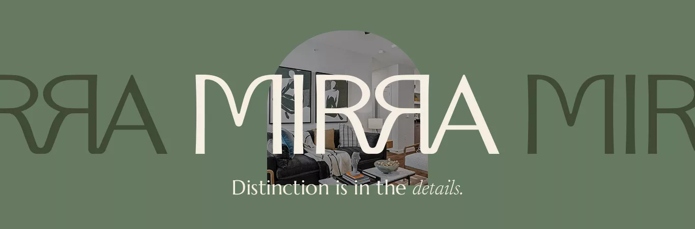 A decorative image with the name "Mirra" repeated across a green background, with a photo of a living room in the center.