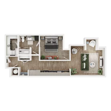 Rendering of the A13 floor plan with 1 bedroom[s] and 1 bathroom[s] at Mirra