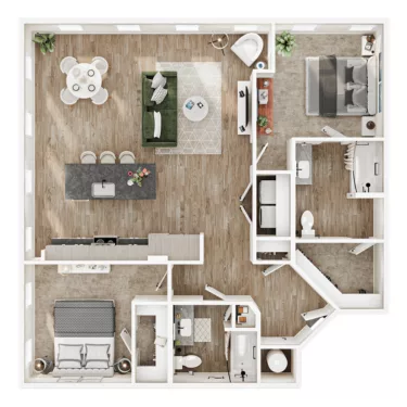 Rendering of the B7A floor plan with 2 bedroom[s] and 2 bathroom[s] at Mirra