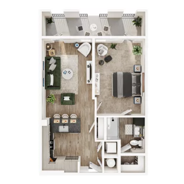 Rendering of the A8 floor plan with 1 bedroom[s] and 1 bathroom[s] at Mirra